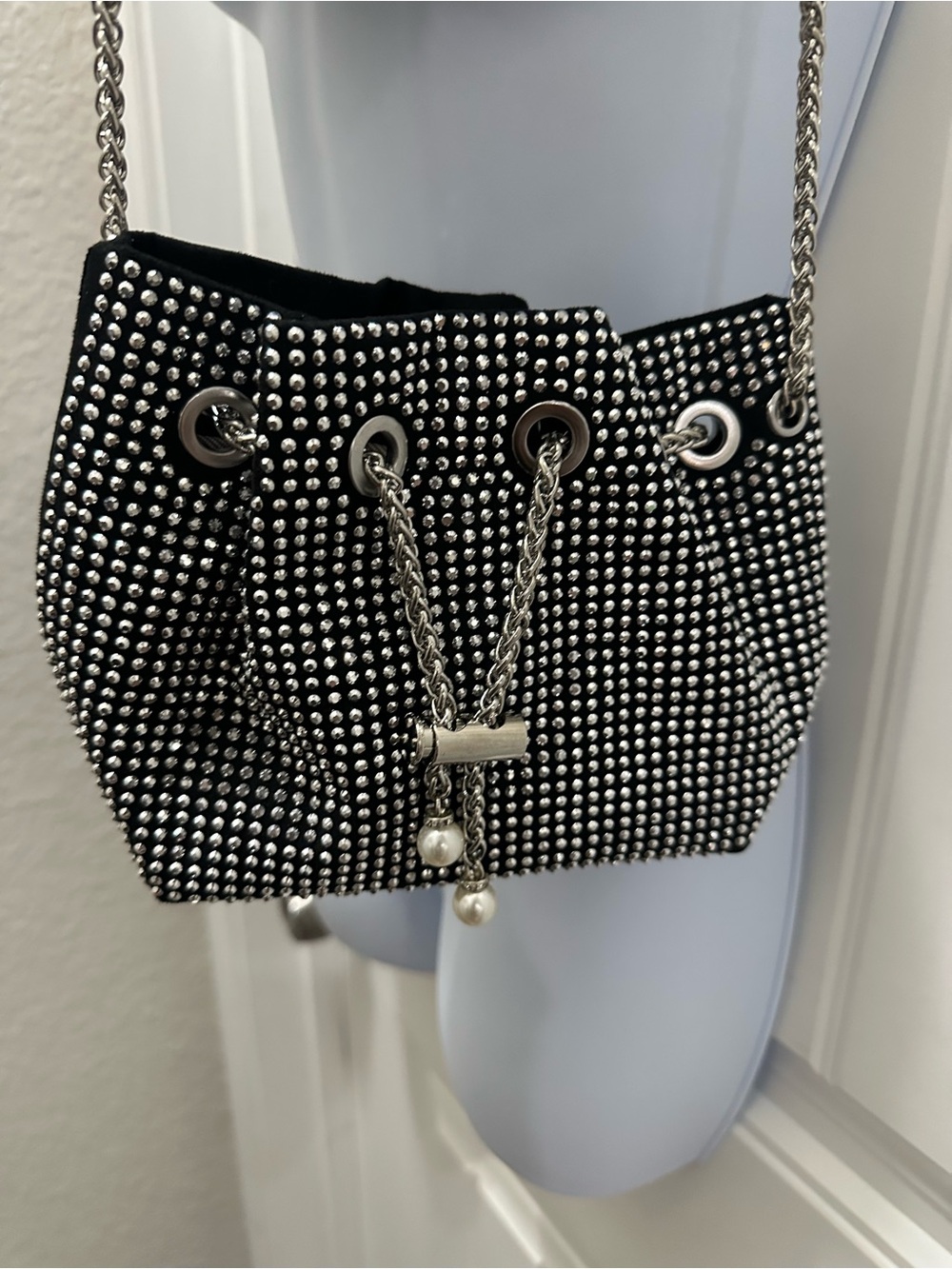Black Crystal-Embellished Drawstring Shoulder Bag quiet luxury evening